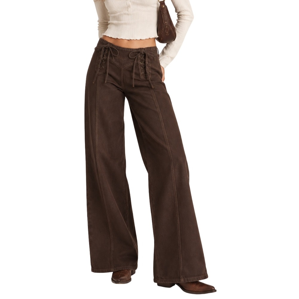 Princess Polly Bystander Lace Up Pants Brown Wide Leg High Rise Cotton US 8 NEW